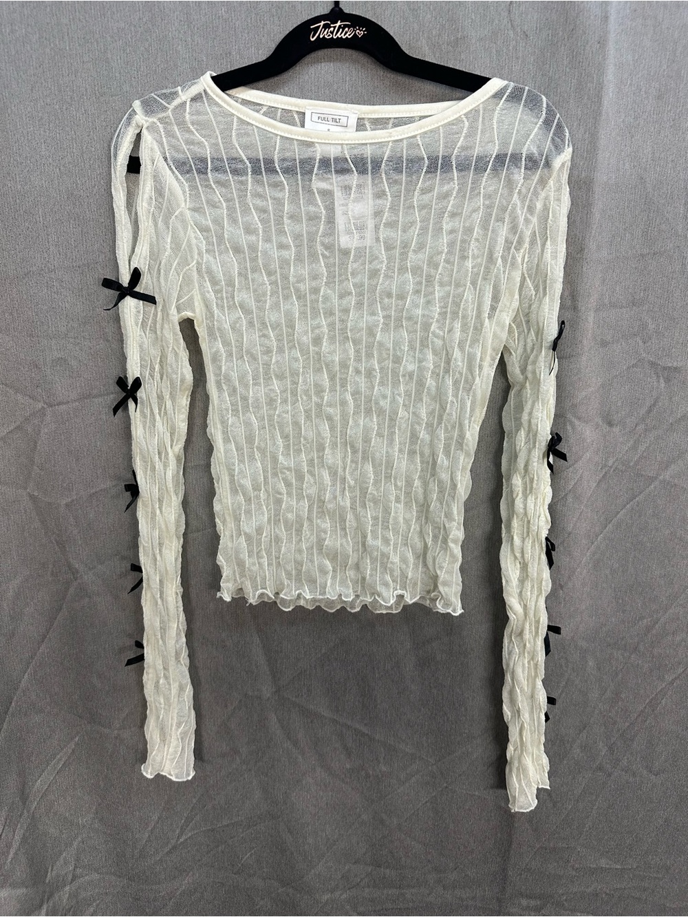 Full Tilt White Sheer Ribbed Long-Sleeve mesh Top with Black Bow Details